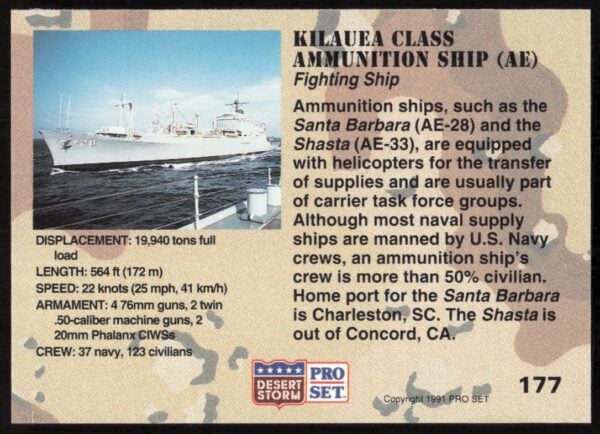 1991 Pro Set Desert Storm Kilauea Class Ammunition Ship (AE) #177 (Back)