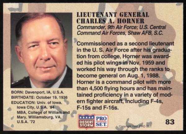 1991 Pro Set Desert Storm Lieutenant General Charles A. Horner #83 (Back)