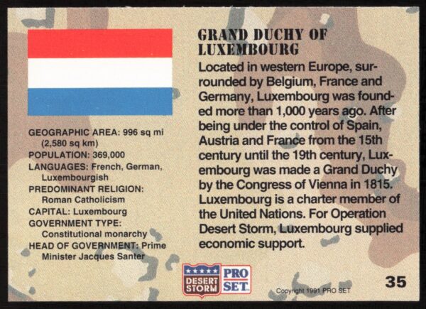 1991 Pro Set Desert Storm Luxembourg #35 (Back)