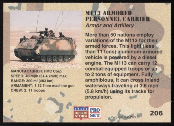 1991 Pro Set Desert Storm M113 Armored Personnel Carrier #206 (Back)