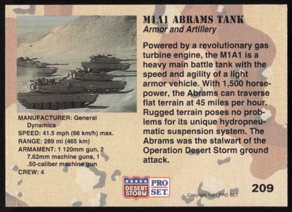 1991 Pro Set Desert Storm M1A1 Abrams Tank #209 (Back)