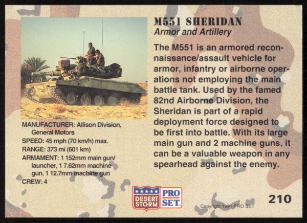 1991 Pro Set Desert Storm M551 Sheridan #210 (Back)