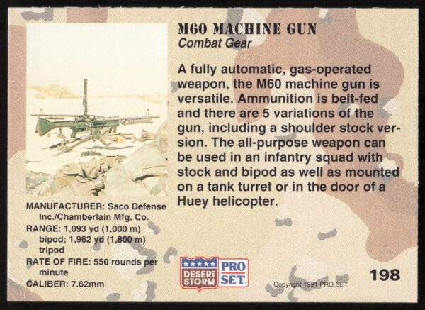 1991 Pro Set Desert Storm M60 Machine Gun #198 (Back)