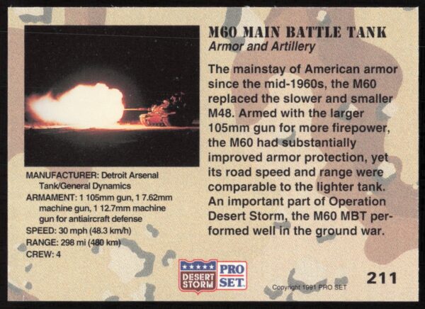 1991 Pro Set Desert Storm M60 Main Battle Tank #211 (Back)