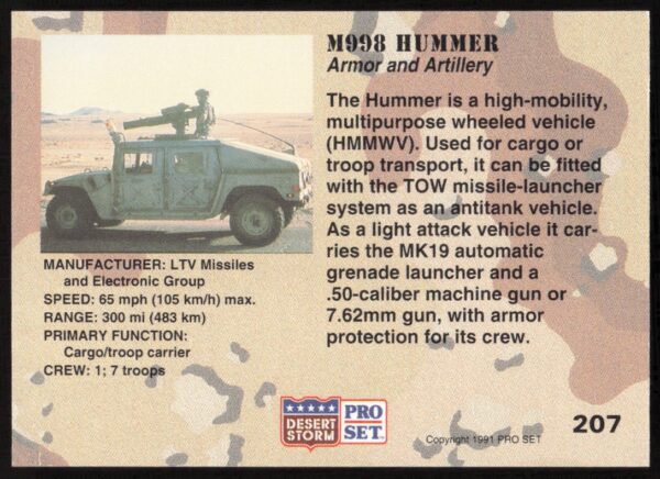 1991 Pro Set Desert Storm M998 Hummer #207 (Back)