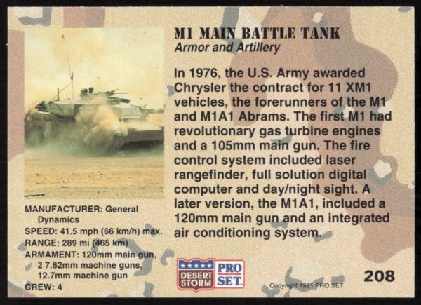 1991 Pro Set Desert Storm MI Main Battle Tank #208 (Back)