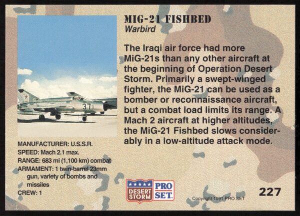 1991 Pro Set Desert Storm MIG-21 Fishbed #227 (Back)