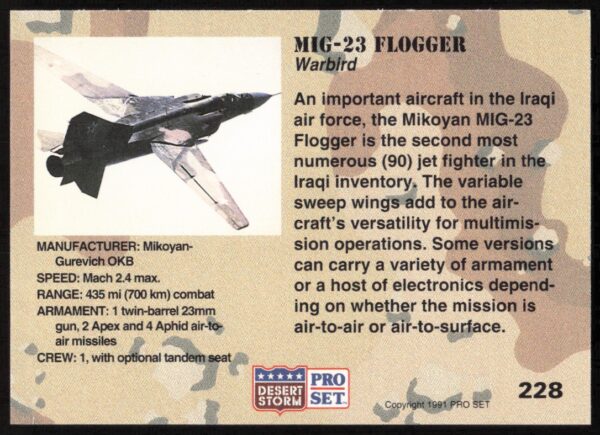 1991 Pro Set Desert Storm MIG-23 Flogger #228 (Back)