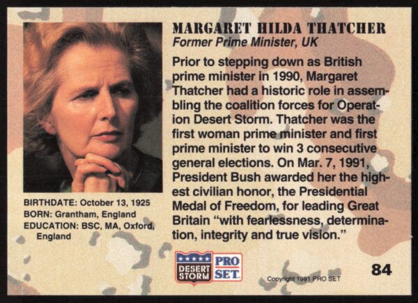 1991 Pro Set Desert Storm Margaret Hilda Thatcher #84 (Back)