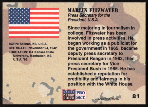 1991 Pro Set Desert Storm Marlin Fitzwater #81 (Back)