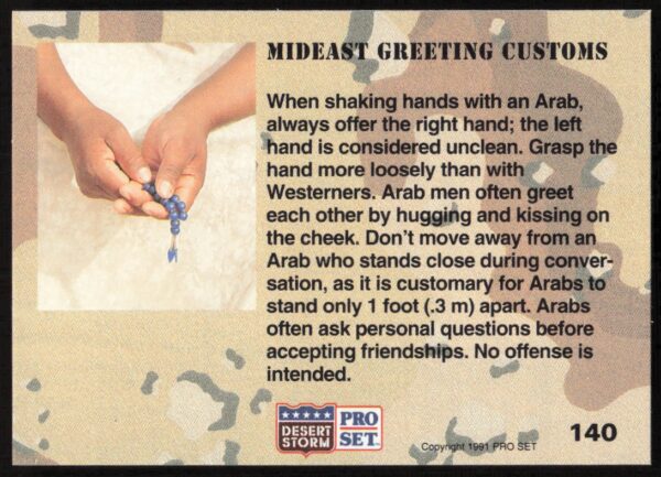 1991 Pro Set Desert Storm Mideast Greeting Customs #140 (Back)