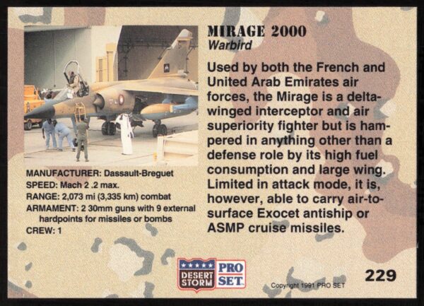 1991 Pro Set Desert Storm Mirage 2000 #229 (Back)