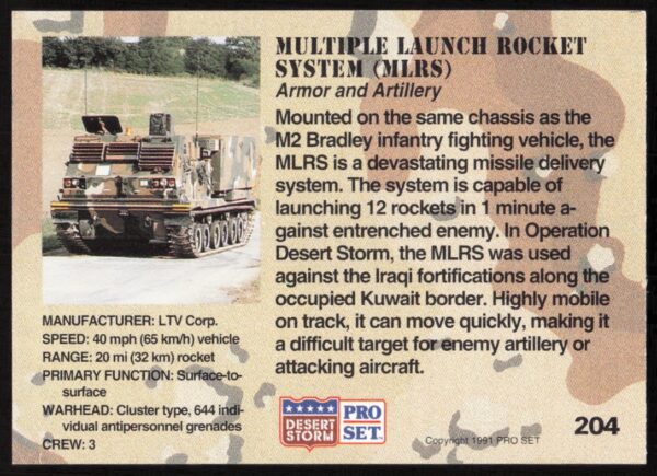 1991 Pro Set Desert Storm Multiple Launch Rocket System (MLRS) #204 (Back)