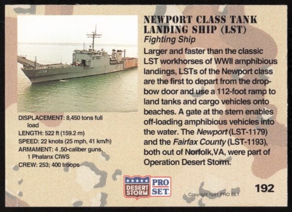 1991 Pro Set Desert Storm Newport Class Task Landing Ship (LST) #192 (Back)