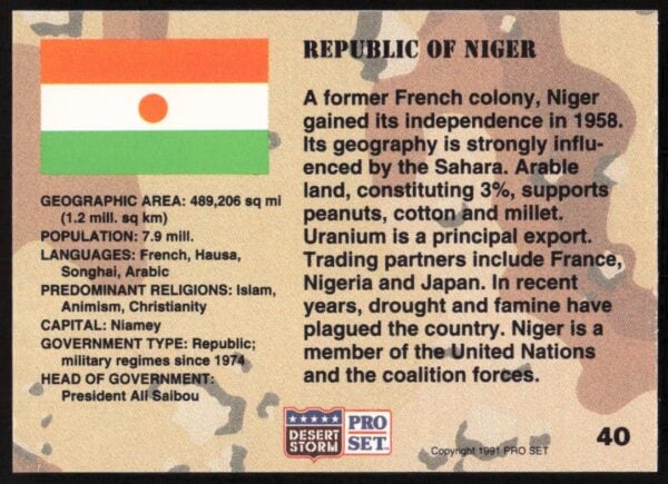 1991 Pro Set Desert Storm Niger #40 (Back)