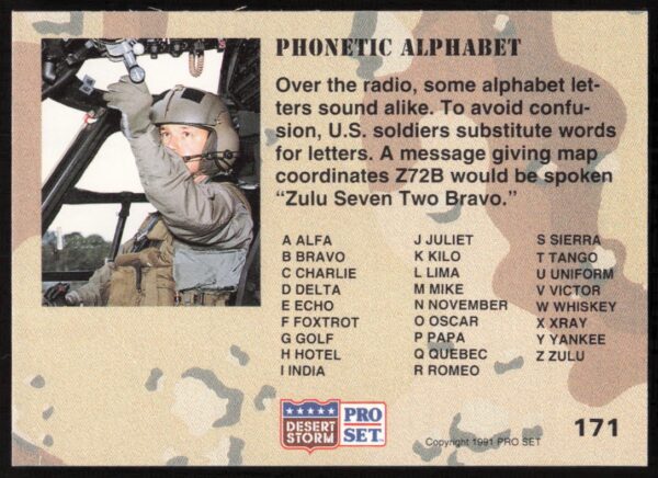 1991 Pro Set Desert Storm Phonetic Alphabet #171 (Back)