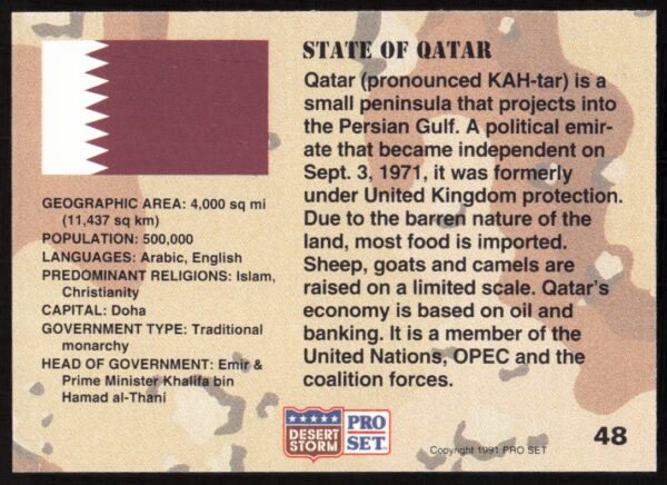 1991 Pro Set Desert Storm Qatar #48 (Back)