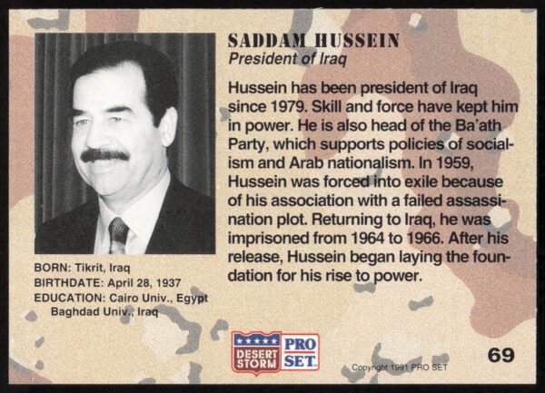 1991 Pro Set Desert Storm Saddam Hussein #69 (Back)