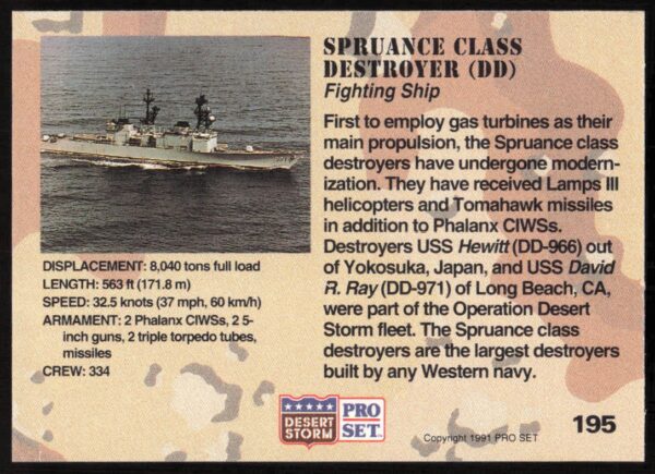 1991 Pro Set Desert Storm Spruance Class Destroyer (DD) #195 (Back)