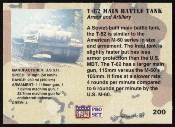 1991 Pro Set Desert Storm T-62 Main Battle Tank #200 (Back)