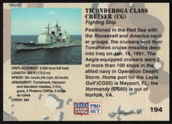 1991 Pro Set Desert Storm Ticonderoga Class Cruiser (CG) #194 (Back)