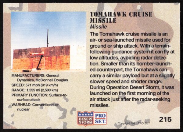 1991 Pro Set Desert Storm Tomahawk Cruise Missile #215 (Back)