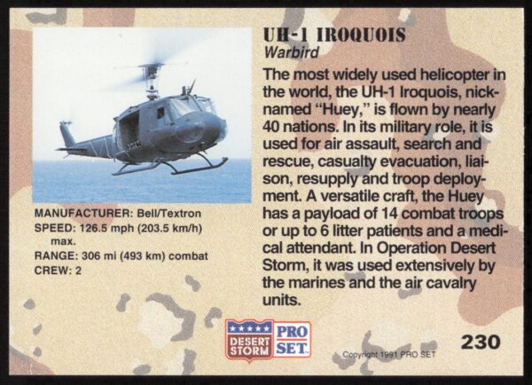 1991 Pro Set Desert Storm UH-1 Iroquois #230 (Back)