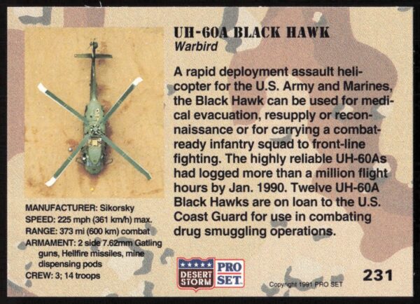 1991 Pro Set Desert Storm UH-60A Black Hawk #231 (Back)
