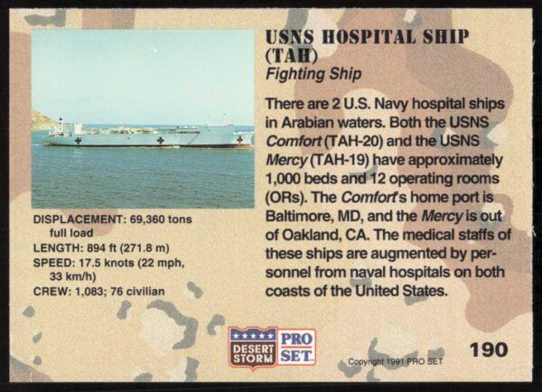 1991 Pro Set Desert Storm USNS Hospital Ship (TAH) #190 (Back)