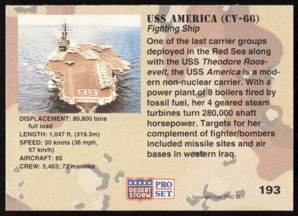 1991 Pro Set Desert Storm USS America (CV-66) #193 (Back)