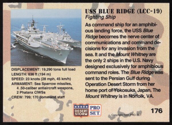 1991 Pro Set Desert Storm USS Blue Ridge (LLC-19) #176 (Back)