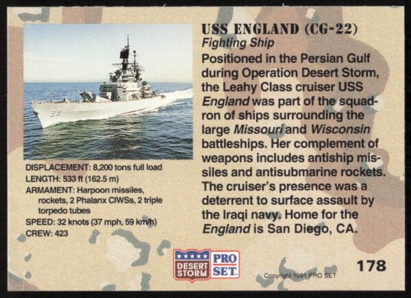 1991 Pro Set Desert Storm USS England (CG-22) #178 (Back)