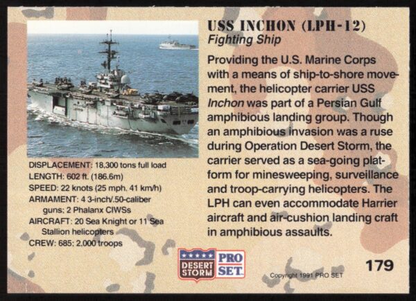 1991 Pro Set Desert Storm USS Inchon (LPH-12) #179 (Back)