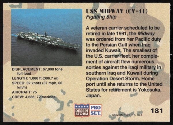 1991 Pro Set Desert Storm USS Midway (CV-41) #181 (Back)