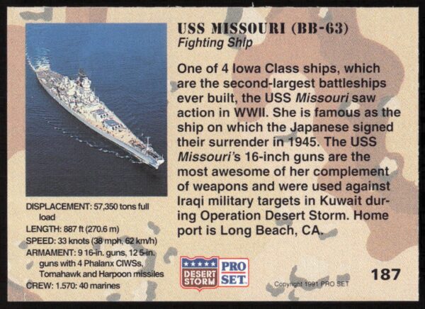 1991 Pro Set Desert Storm USS Missouri (BB-63) #187 (Back)