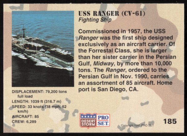 1991 Pro Set Desert Storm USS Ranger (CV-61) #185 (Back)