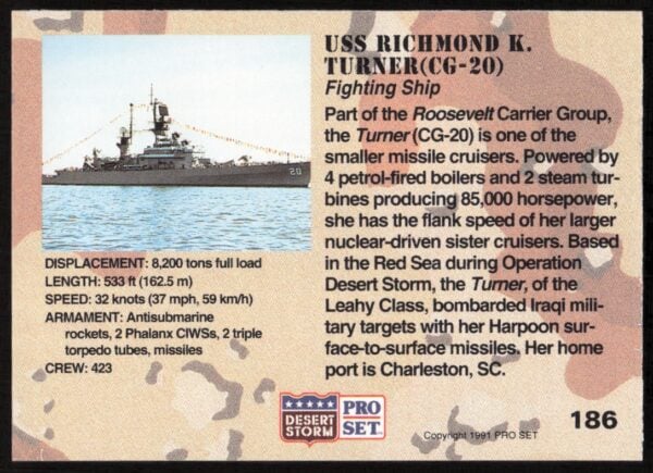 1991 Pro Set Desert Storm USS Richmond K. Turner (CG-20) #186 (Back)