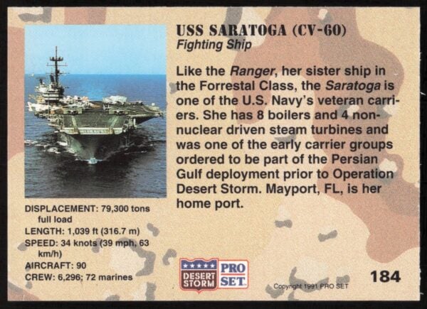 1991 Pro Set Desert Storm USS Saratoga (CV-60) #184 (Back)