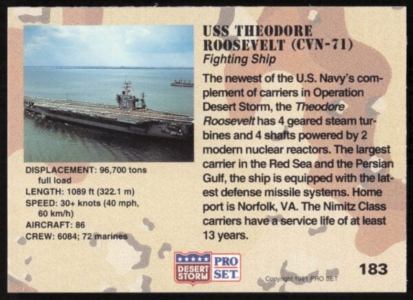 1991 Pro Set Desert Storm USS Theodore Roosevelt #183 (Back)