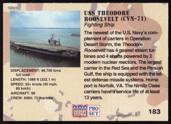 1991 Pro Set Desert Storm USS Theodore Roosevelt (CVN-71) #183 (Back)