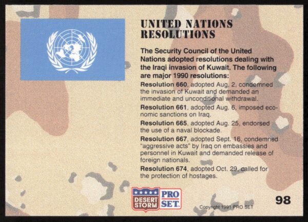 1991 Pro Set Desert Storm United Nations Resolutions #98 (Back)