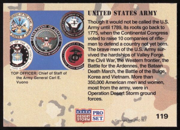 1991 Pro Set Desert Storm United States Army #119 (Back)