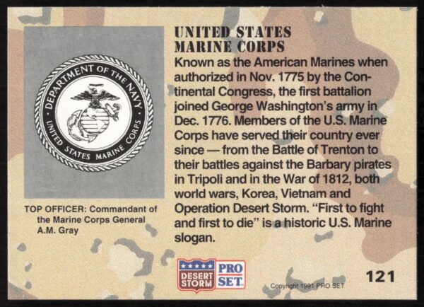 1991 Pro Set Desert Storm United States Marine Corps #121 (Back)