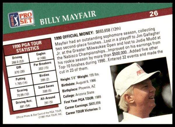 1991 Pro Set PGA Tour Billy Mayfair #26 (Back)