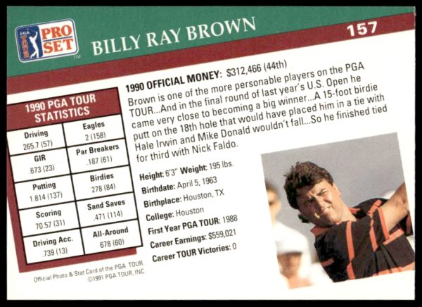 1991 Pro Set PGA Tour Billy Ray Brown #157 (Back)