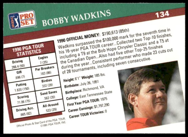 1991 Pro Set PGA Tour Bobby Wadkins #134 (Back)