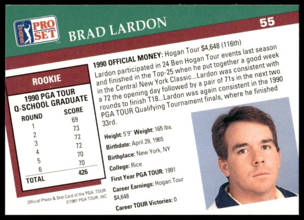 1991 Pro Set PGA Tour Brad Lardon #55 (Back)