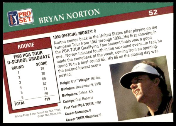 1991 Pro Set PGA Tour Bryan Norton #52 (Back)