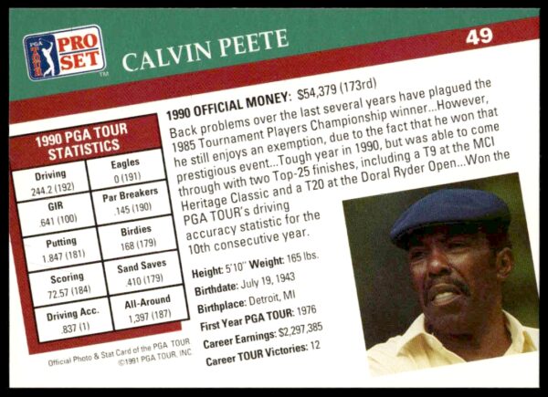 1991 Pro Set PGA Tour Calvin Peete #49 (Back)