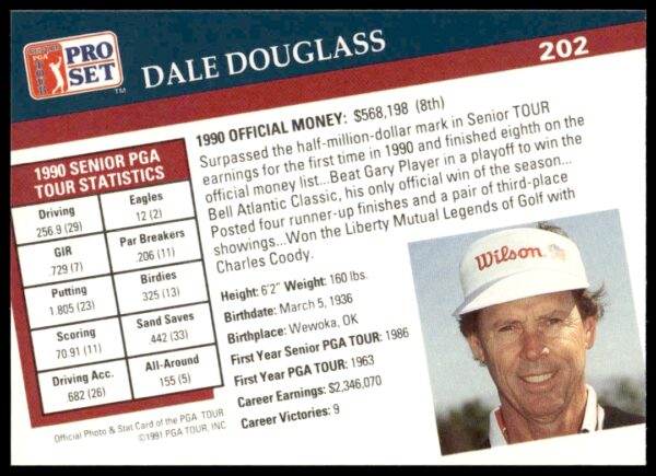 1991 Pro Set PGA Tour Dale Douglass #202 (Back)